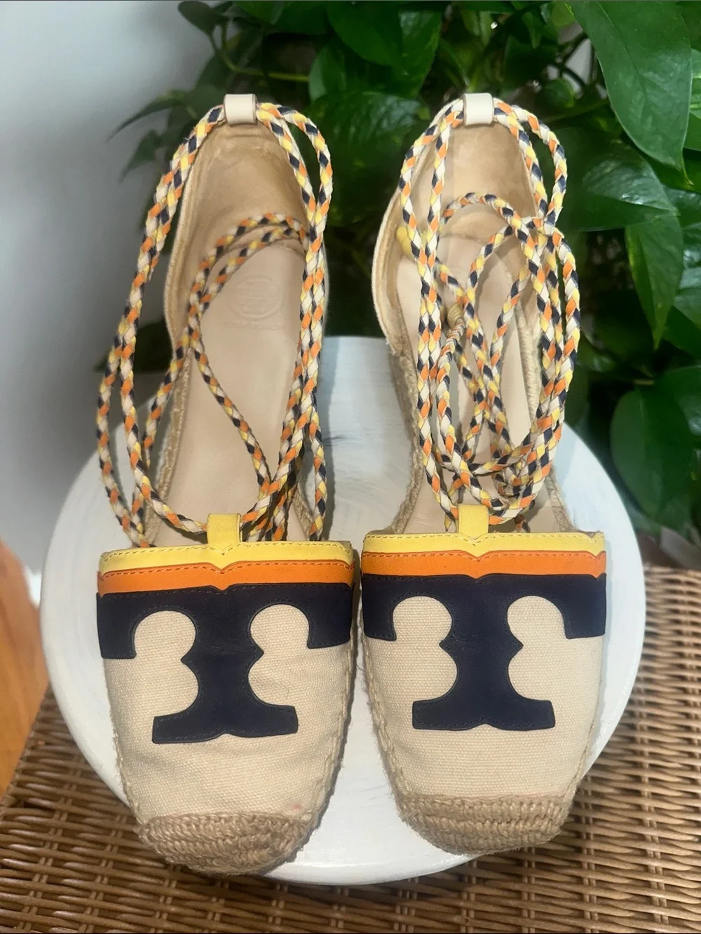 Tory Burch Laguna Canvas Espadrille Wedges with Navy Logo ankle wrap